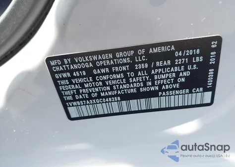 2016 Volkswagen Passat 1.8T Se from USA, damaged, VIN 1VWBS7A3XGC048258